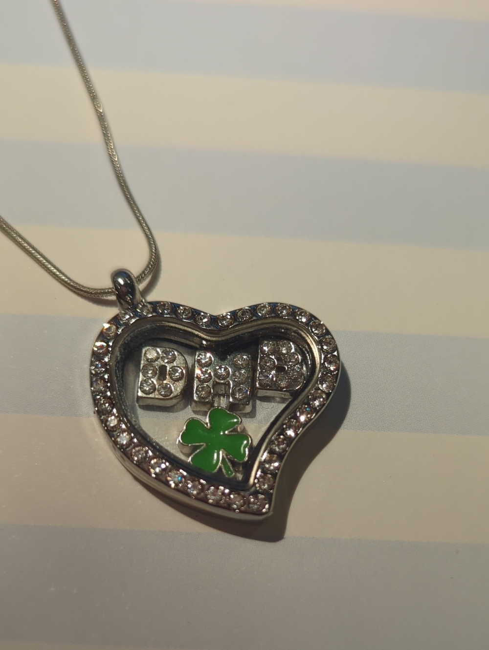 Living Locket Rhinestone Heart with DMB initials and green 4 leaf clover